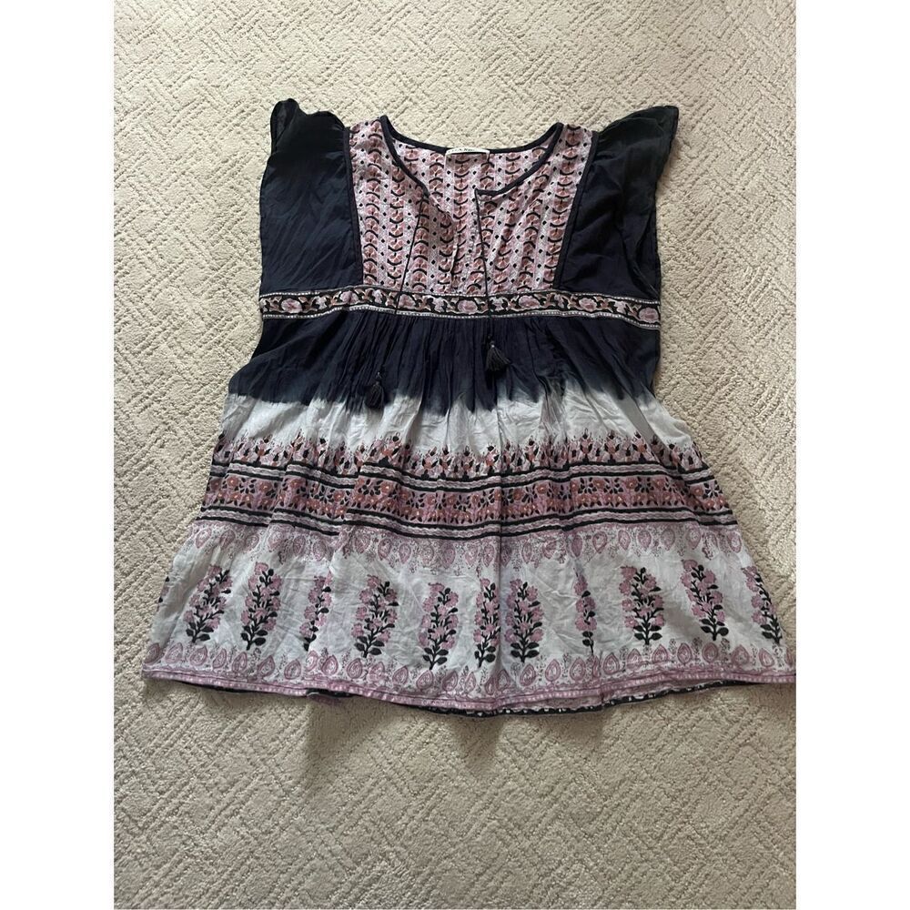 Ulla Johnson Flutter Sleeve Babydoll Top in Navy/Pink